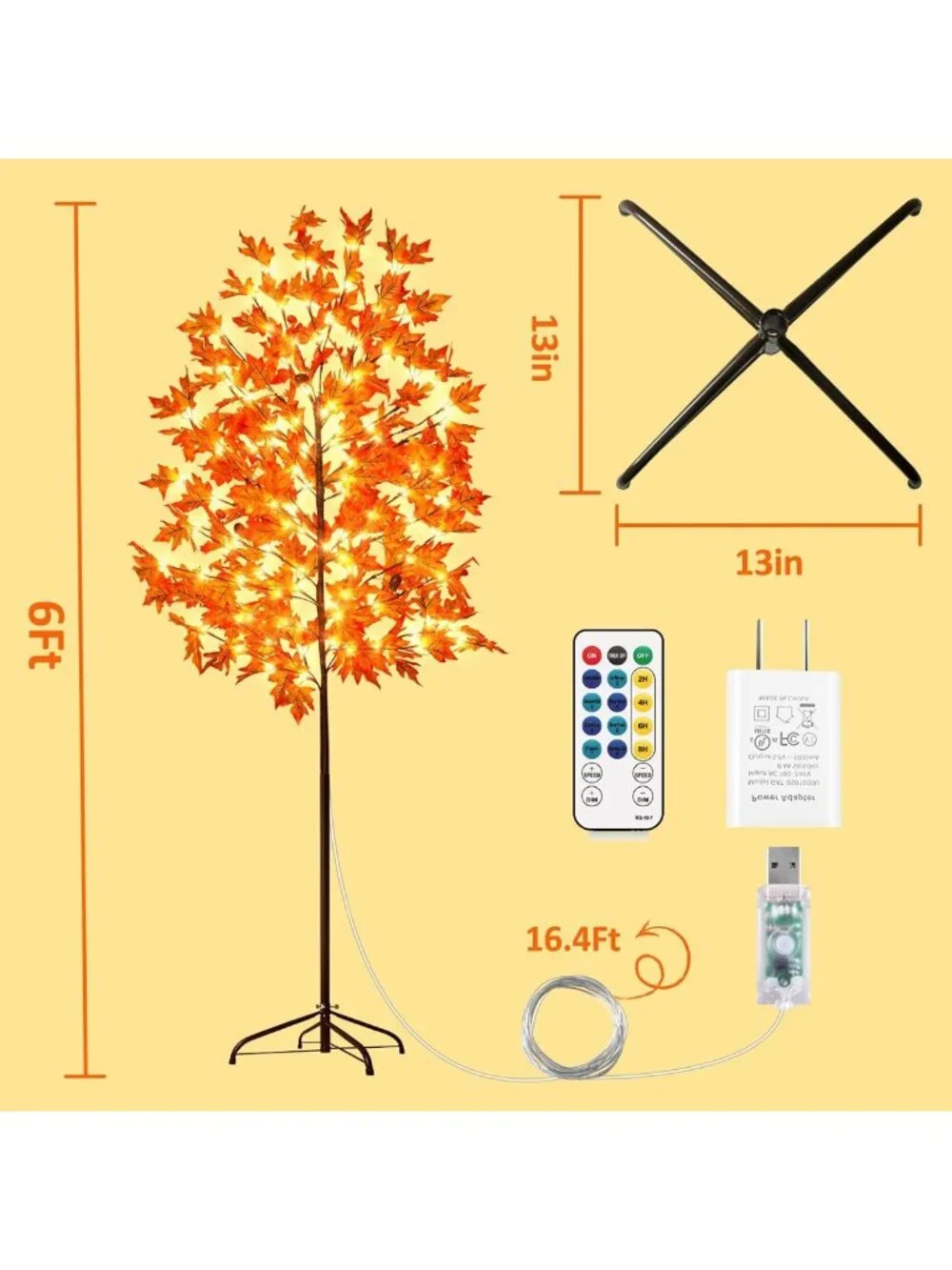 6FT LED Maple Tree Light with Pumpkins & Acorns - Fall Decor, Remote, 8 Modes